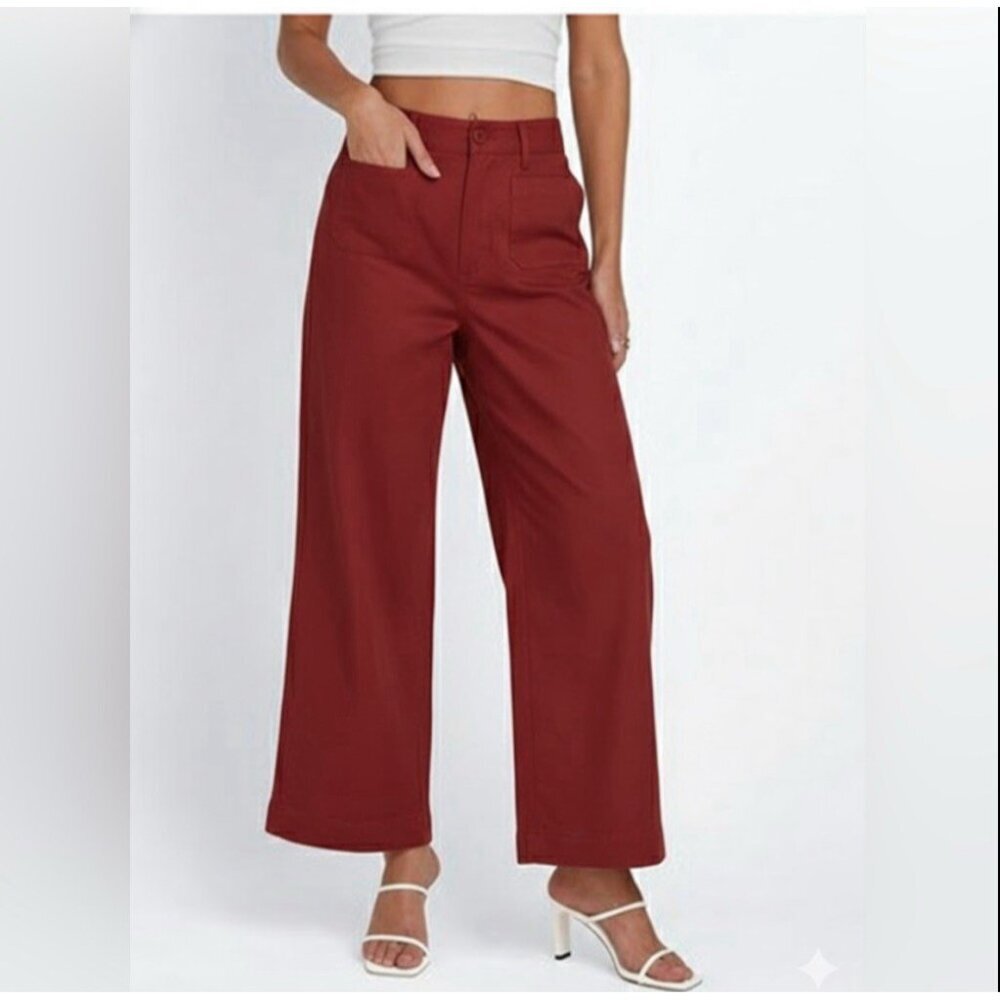 NEW LILLUSORY Linen Wide Leg Pants Sz 8/M Brick Red High Rise Cropped Trousers